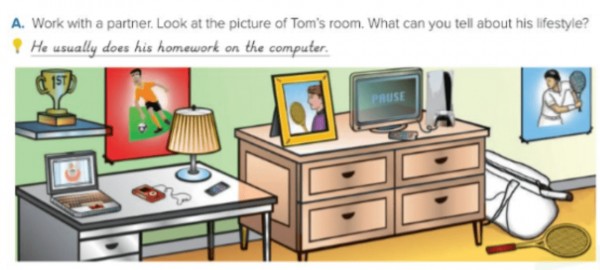 Work with a partner. Look at the picture of Tom's room. What can you tell about his lifestyle