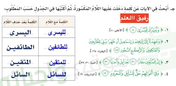 أبحث في الآيات عن كلمة دخلت عليها اللام المكسورة ، ثم أكتبها في الجدول حسب المطلوب