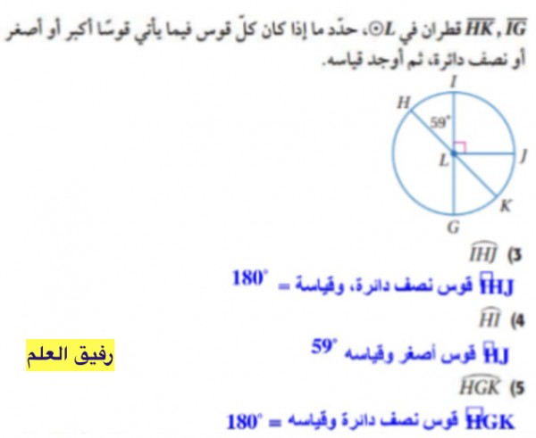 IG HK قطران فى L حدد ما اذا كان كل قوس فيما ياتى قوسا اكبر او اصغر او نصف دائرة ثم اوجد قياسه